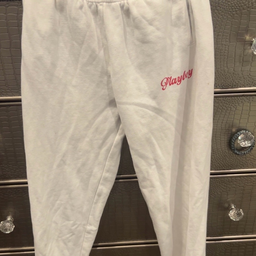 PacSun White Track Pants with Pink Logo he